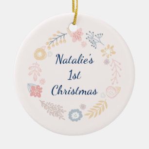 Baby Girl 1st Christmas Pink Botanical Photo Ceramic Tree Decoration