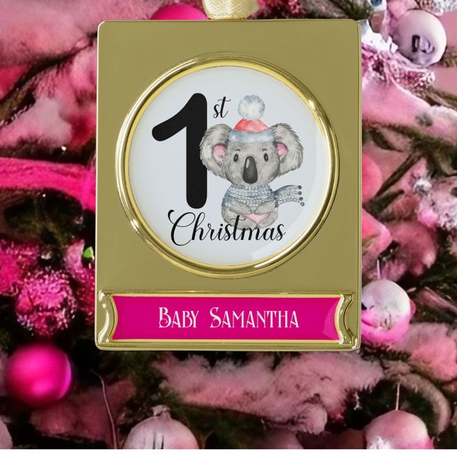Baby Girl 1st Christmas Seasonal Koala Keepsake Gold Plated Banner Ornament (Creator Uploaded)