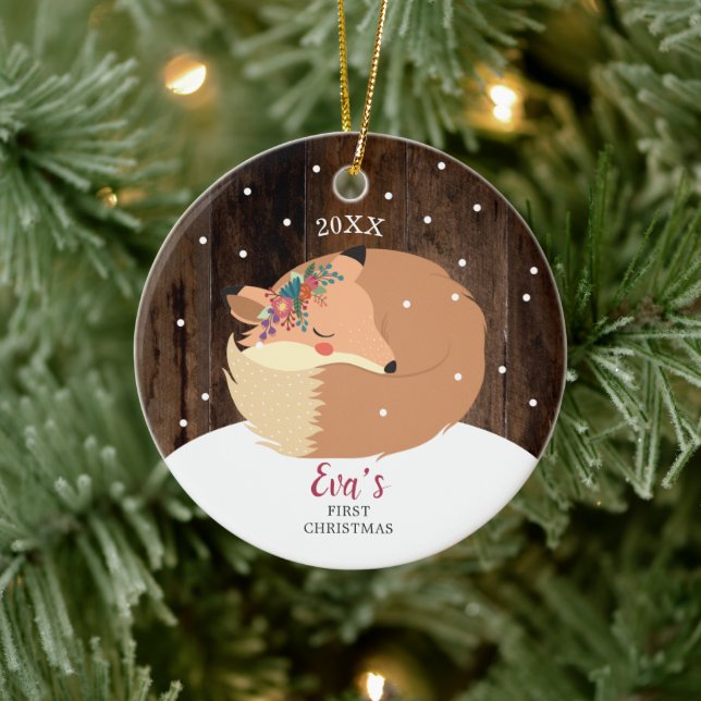 Baby Girl 1st Christmas Woodland Fox Personalised Ceramic Tree Decoration (Tree)