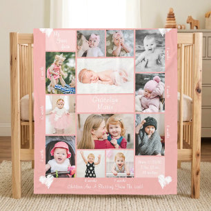 Baby Girl 1st Year 12 Photo Collage Hearts Script Fleece Blanket