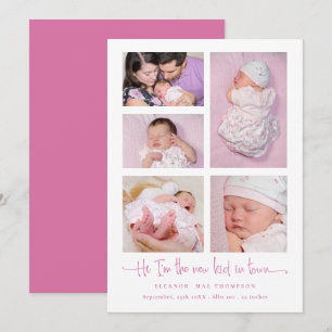 Baby Girl 5 Photo Collage Pink Script Birth Announcement