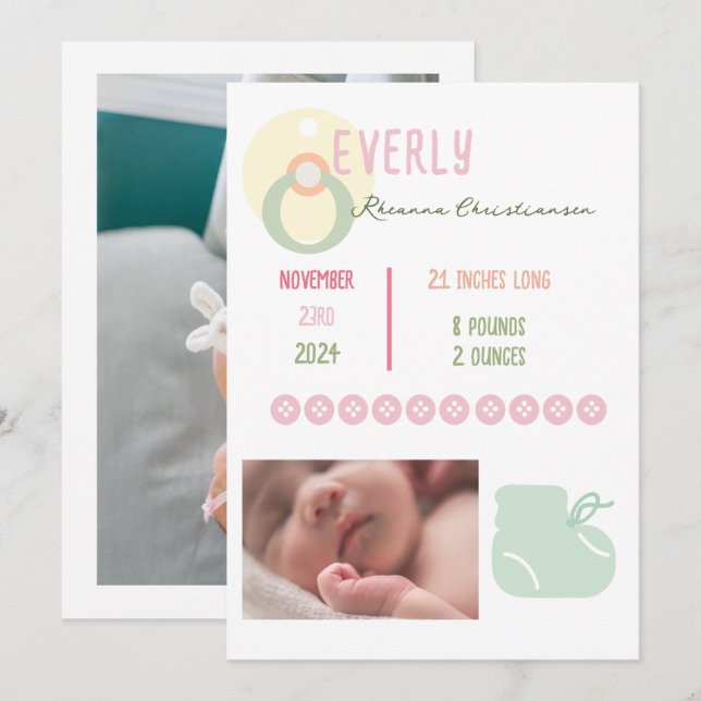 Baby Girl Adorable Photo Announcement (Front/Back)