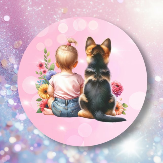 Baby Girl and her Puppy | Baby Shower   Classic Round Sticker (Creator Uploaded)