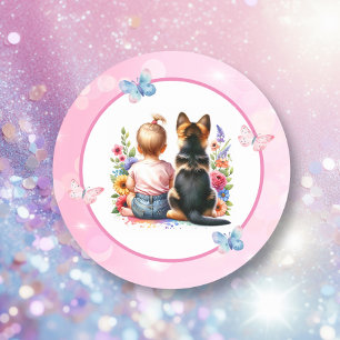 Baby Girl and her Puppy Baby Shower Classic Round Sticker
