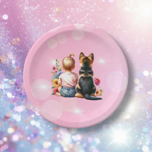 Baby Girl and her Puppy Baby Shower Paper Plate