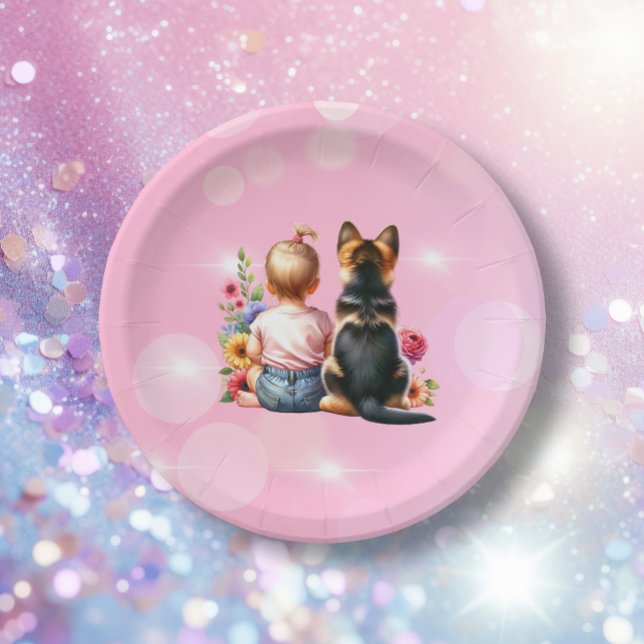 Baby Girl and her Puppy | Baby Shower   Paper Plate (Creator Uploaded)
