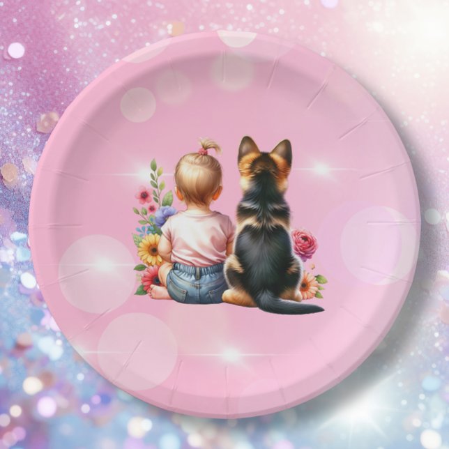 Baby Girl and her Puppy | Baby Shower   Paper Plate (Creator Uploaded)