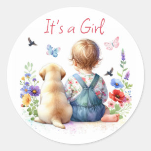 Baby Girl and her Puppy It's a Girl Watercolor Classic Round Sticker
