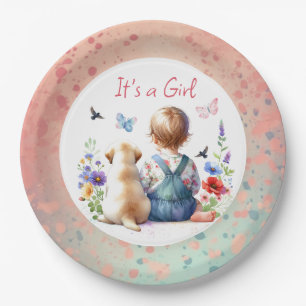 Baby Girl and her Puppy It's a Girl Watercolor Paper Plate