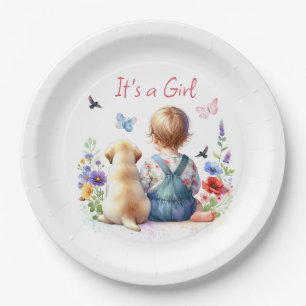 Baby Girl and her Puppy It's a Girl Watercolor Paper Plate