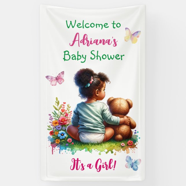 Baby Girl and her Teddy Bear | Girl's Baby Shower Banner (Vertical)