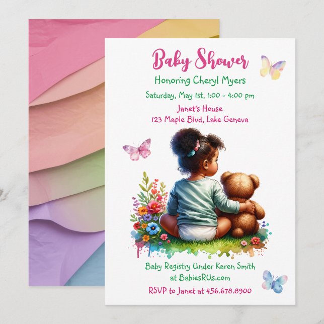 Baby Girl and her Teddy Bear | Girl's Baby Shower Invitation (Front/Back)