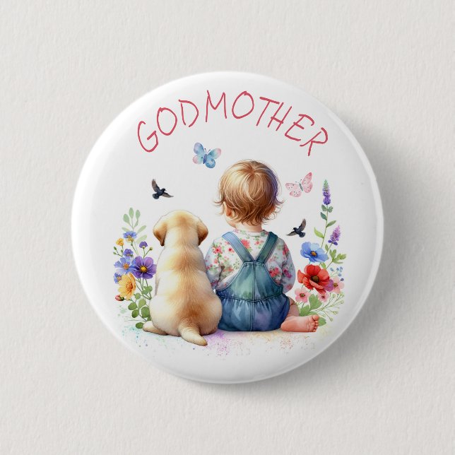 Baby Girl and Puppy Baby Shower Godmother To Be 6 Cm Round Badge (Front)
