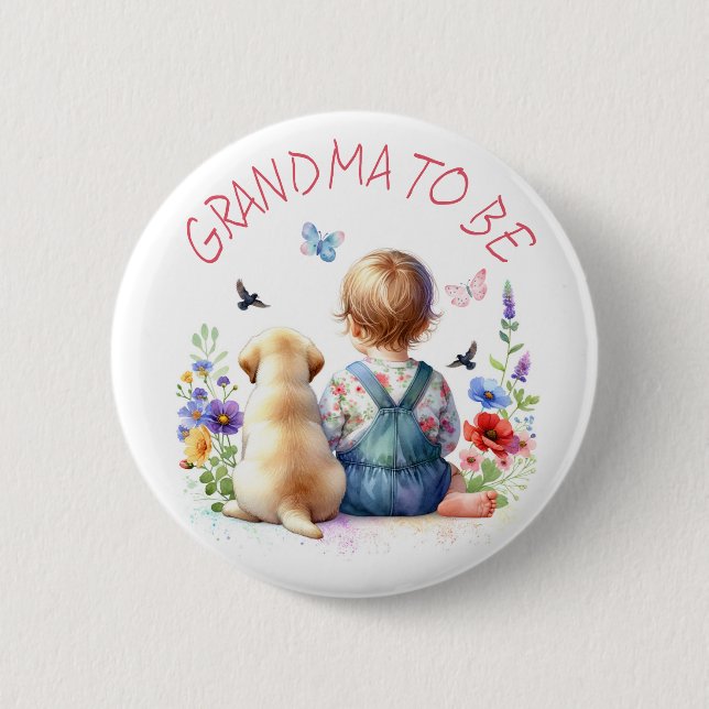 Baby Girl and Puppy Baby Shower Grandma To Be 6 Cm Round Badge (Front)