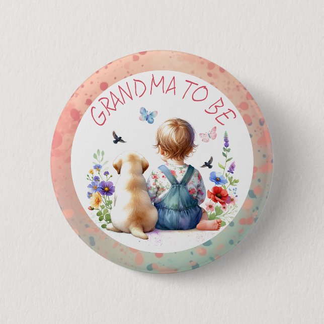 Baby Girl and Puppy Baby Shower Grandma to be 6 Cm Round Badge (Front)