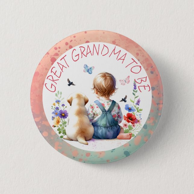 Baby Girl and Puppy Baby Shower Great Grandma  6 Cm Round Badge (Front)