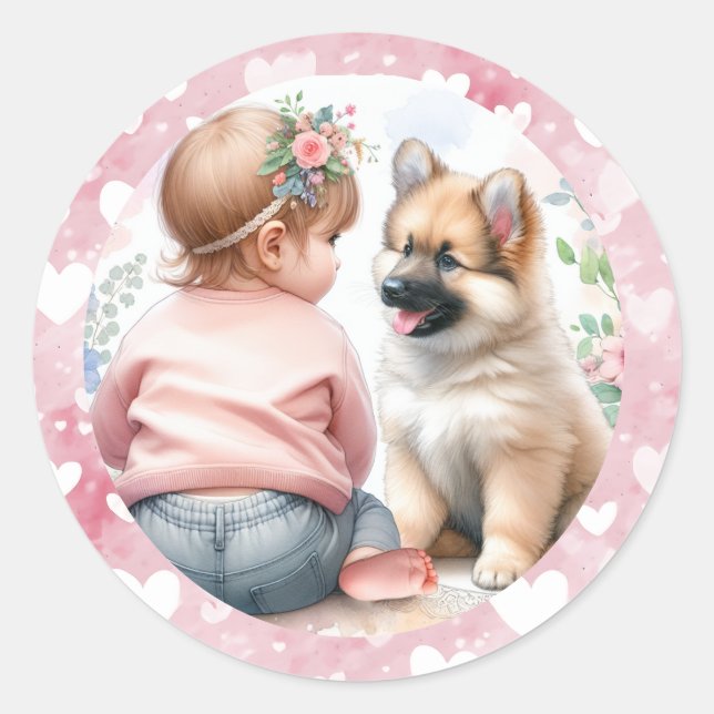 Baby Girl and Puppy Pink Baby Shower Classic Round Sticker (Front)