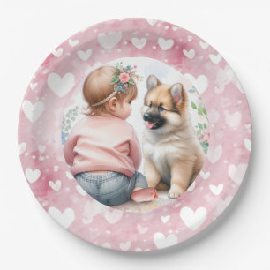 Baby Girl and Puppy Pink Baby Shower Paper Plate
