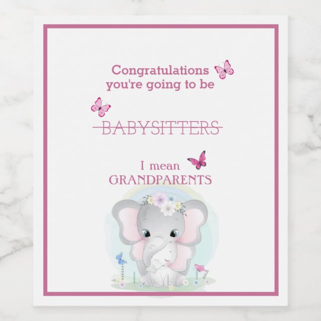 Baby Girl Announcement Elephants Butterflies Wine Label (Single Label)