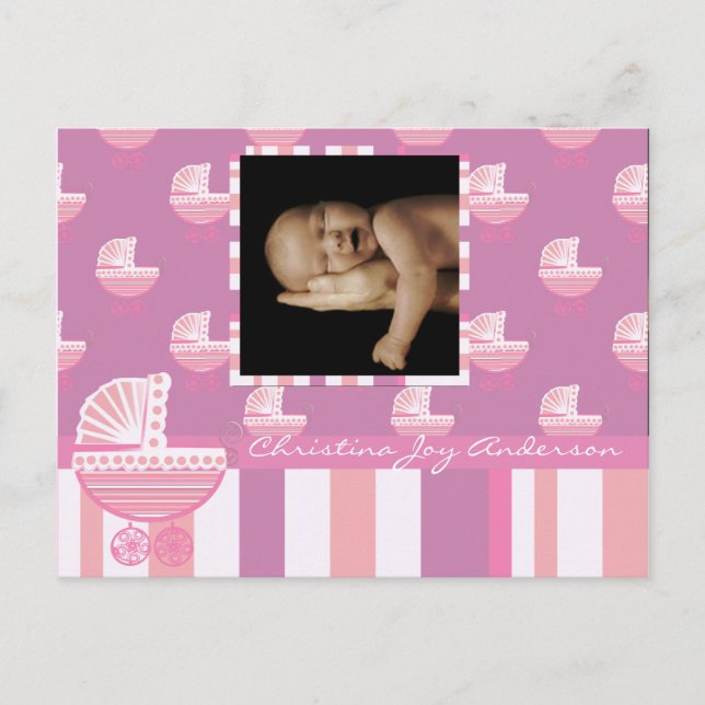 Baby Girl Announcement - Pink Baby Buggy Postcard (Front)