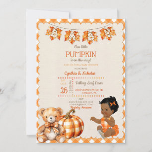 Baby Girl Autumn Plaid Teddy Bear Pumpkin Leaves Invitation