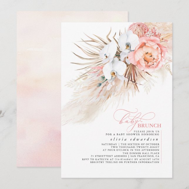 Baby Girl Baby Shower Pink Floral Pampas Grass Invitation (Front/Back)