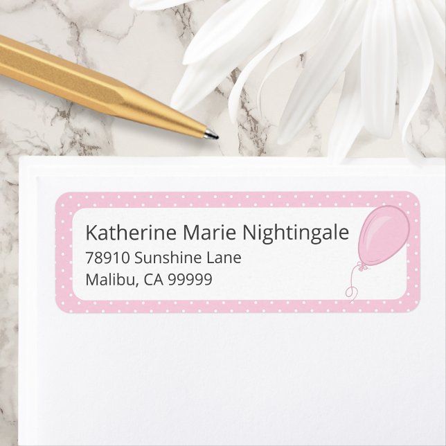 Baby Girl Baby Shower Pink Polka Dot Address (Pink Polka Dot Baby Girl Baby Shower Return Address Label with Balloon.)