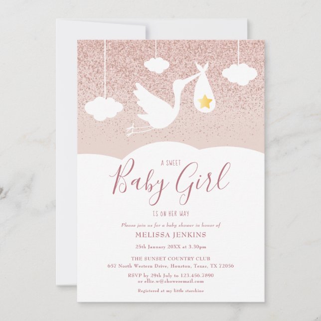 Baby Girl Baby Shower Stork Rose Gold Glitter Invitation (Front)