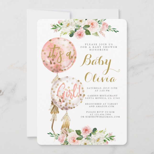 Baby girl balloon baby shower invitation (Front)