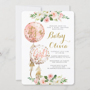 Baby girl balloon baby shower invitation