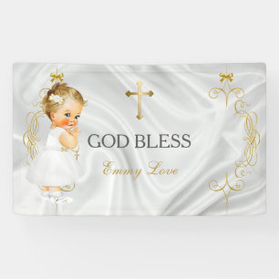 Baby Girl Baptism Christening Gold Cross Banner