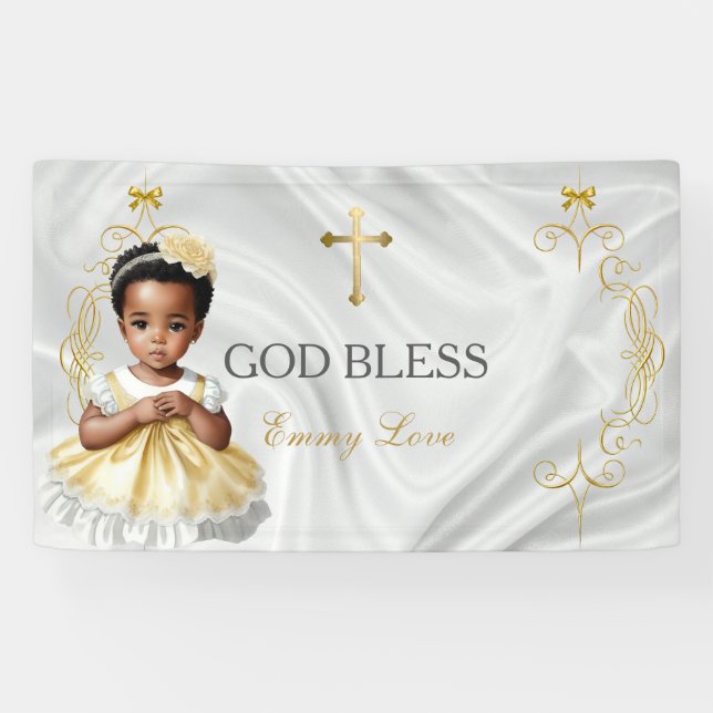 Baby Girl Baptism Christening Gold Cross Banner (Horizontal)