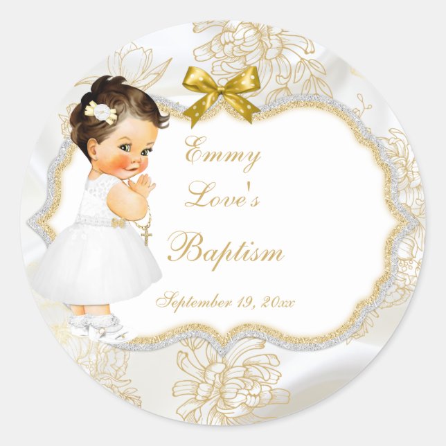 Baby Girl Baptism Christening Gold Cross Classic Round Sticker (Front)