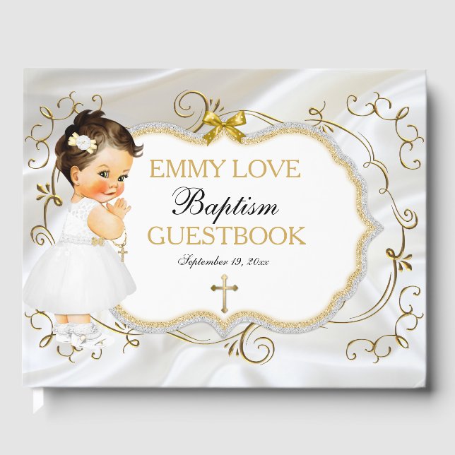 Baby Girl Baptism Christening Gold Cross Guest Book (Front)