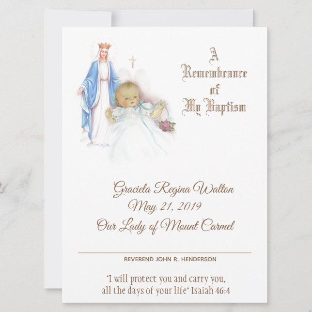 Baby Girl Baptism Christening Mary Certificate Holiday Card (Front)