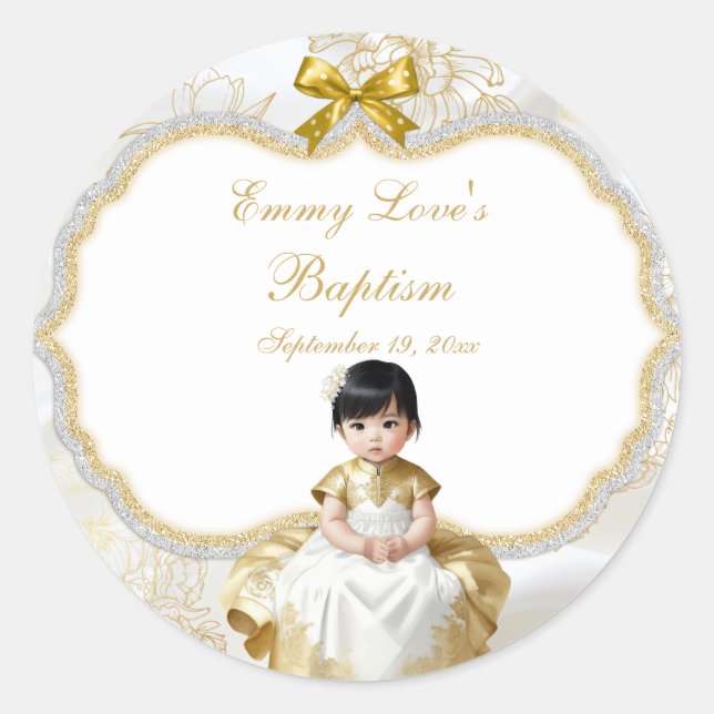 Baby Girl Baptism Christening White & Gold Classic Round Sticker (Front)