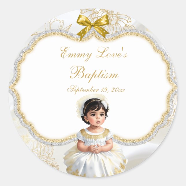 Baby Girl Baptism Christening White & Gold Classic Round Sticker (Front)