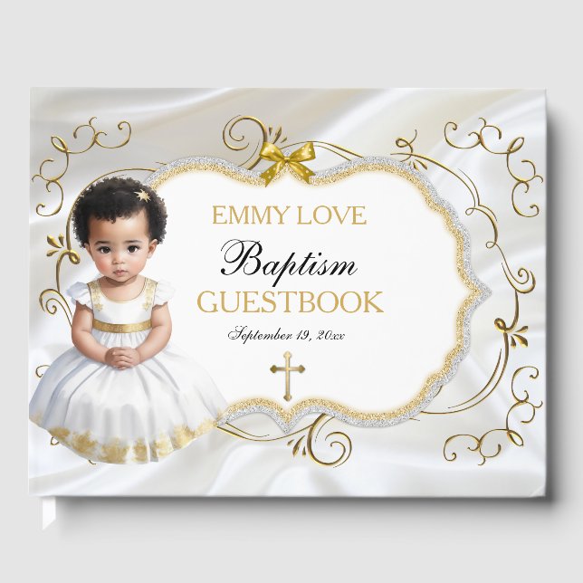 Baby Girl Baptism Christening White & Gold Cross Guest Book (Front)