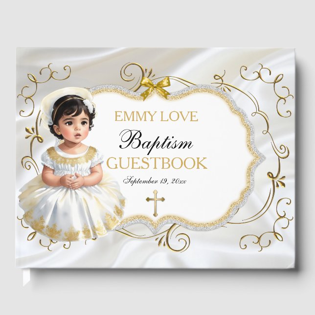 Baby Girl Baptism Christening White & Gold Cross Guest Book (Front)