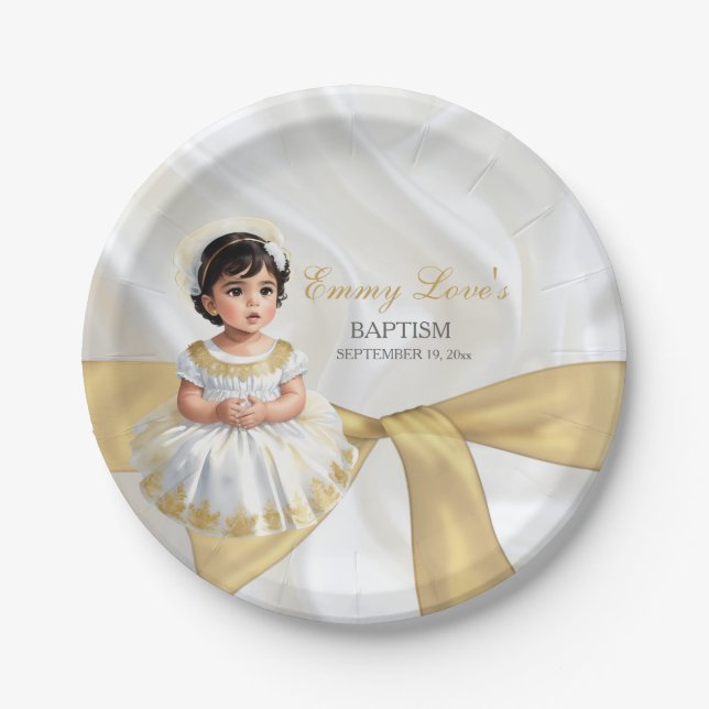 Baby Girl Baptism Christening White & Gold Paper Plate (Front)