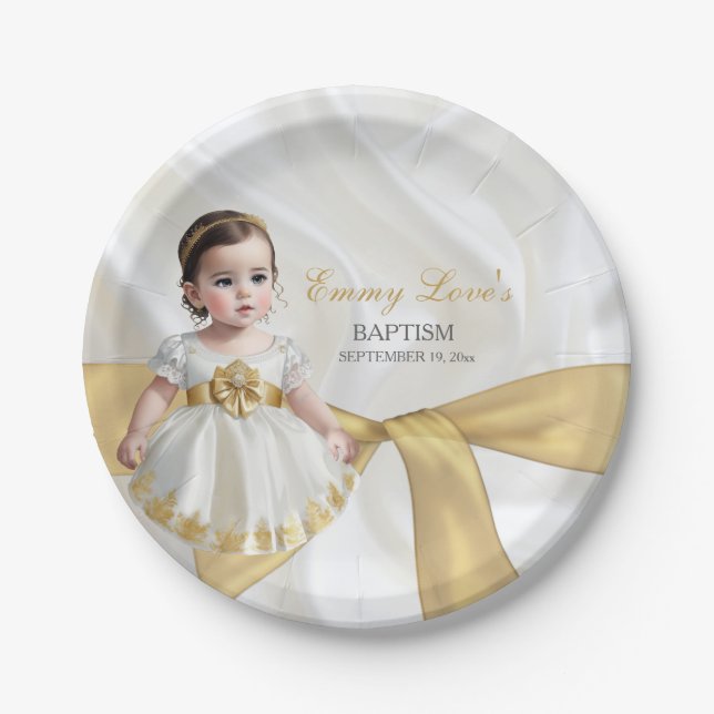 Baby Girl Baptism Christening White & Gold Paper Plate (Front)