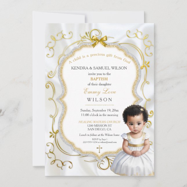 Baby Girl Baptism Communion Christening White Gold Invitation (Front)