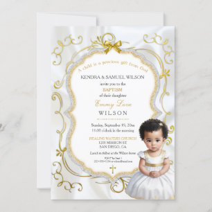 Baby Girl Baptism Communion Christening White Gold Invitation