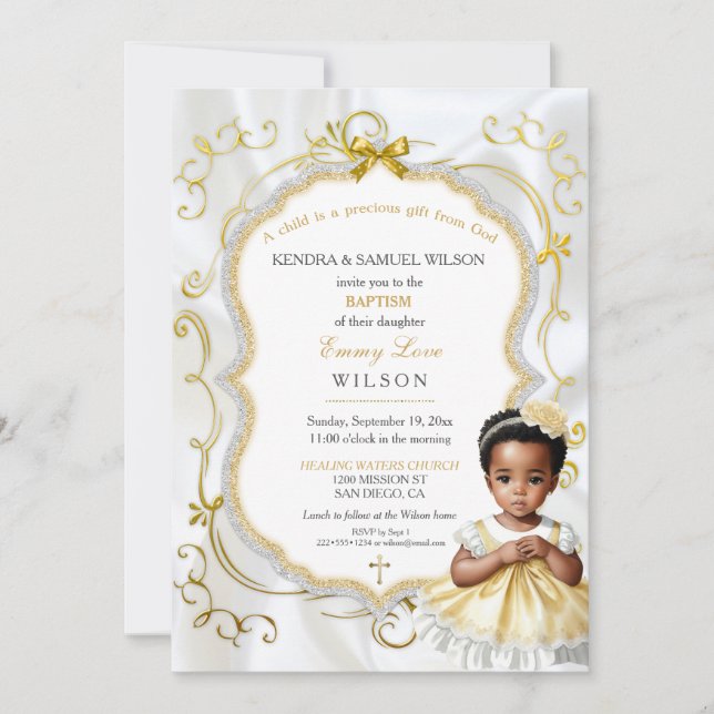 Baby Girl Baptism Communion Christening White Gold Invitation (Front)