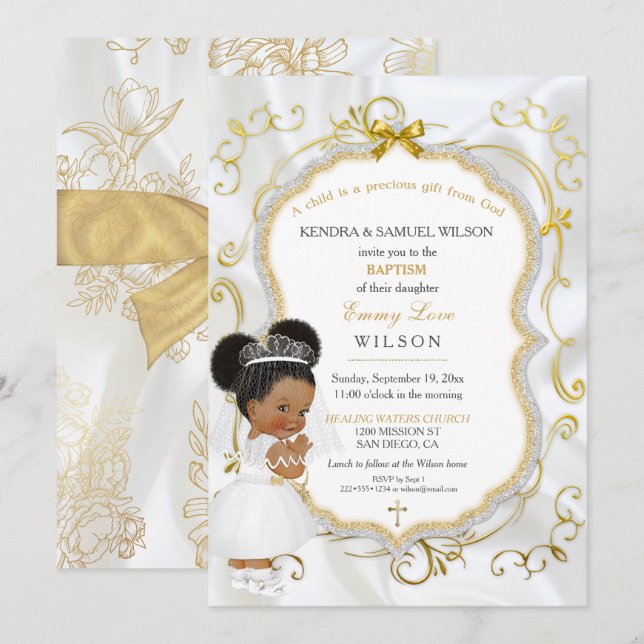 Baby Girl Baptism Communion Gold Cross Invitation (Front/Back)