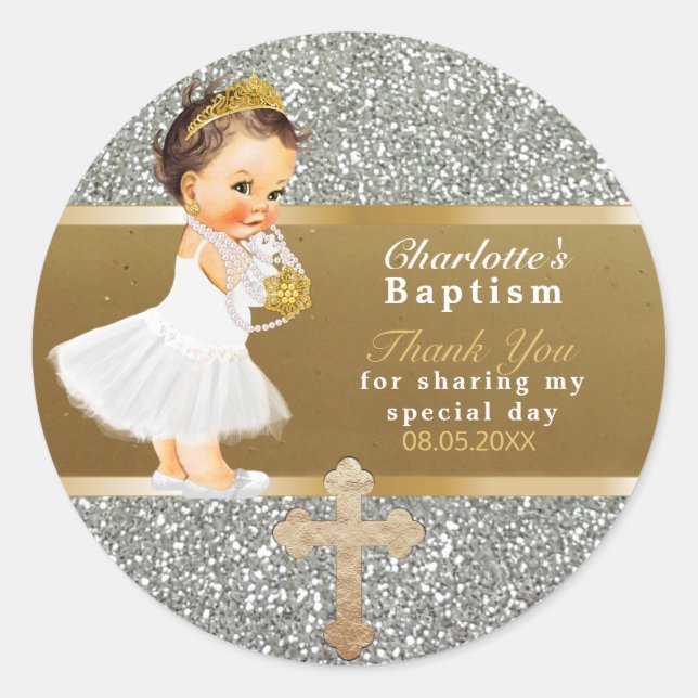 Baby Girl Baptism Favour | Thank You Gold Silver Classic Round Sticker (Front)