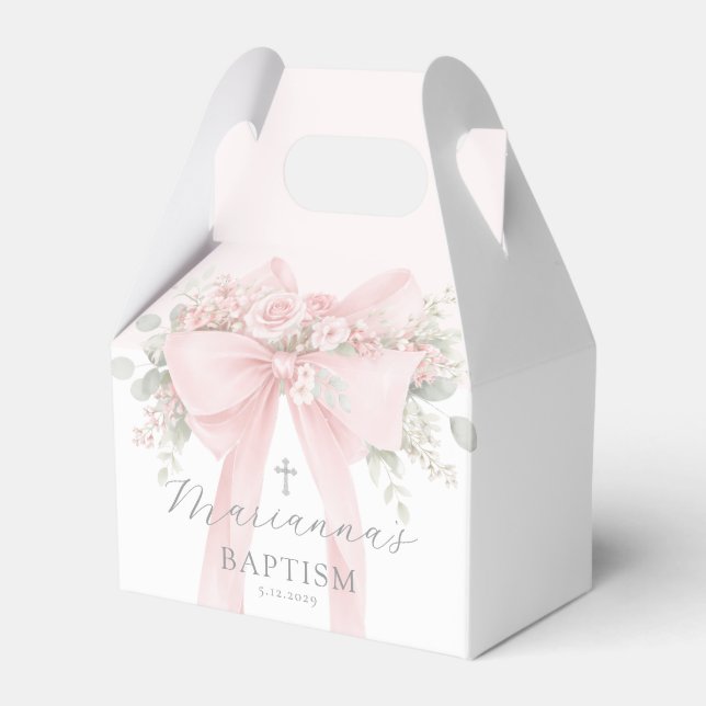 Baby Girl Baptism Floral Blush Pink Bow Favour Box (Front Side)