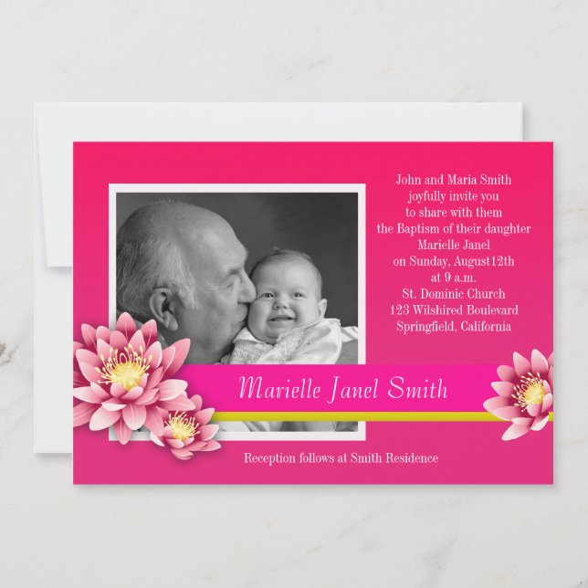 Baby Girl Baptism Fuschia Pink Lotus Bloom Invitation (Front)