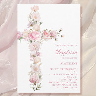 baby girl Baptism pink floral cross  Invitation