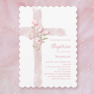 baby girl Baptism pink peonies cross  Invitation